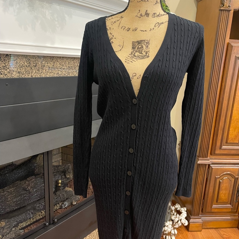 Shu Shu Cable Knit Black Fitted Button Down Sweater Dress Small